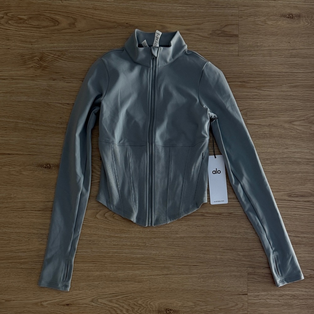 Alo Yoga Airbrush Corset Full Zip Jacket in Lunar Grey size XS- NWT